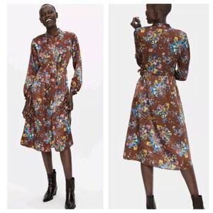 Zara Brown 70s Vintage Floral Satin Midi Dress Size Small Aline Boho Cottagecore